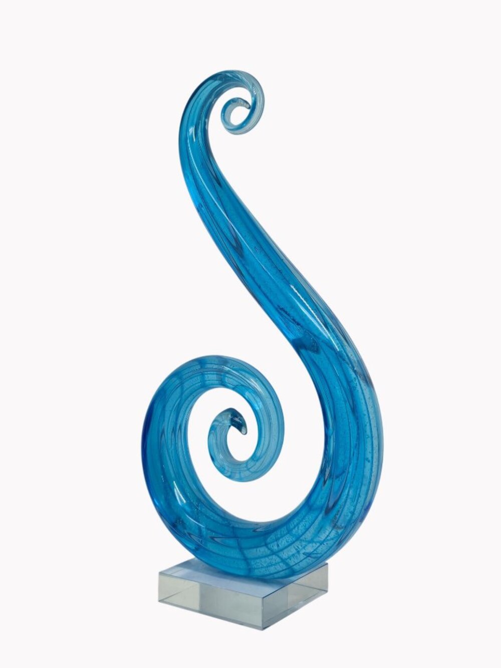 Murano Style Blue Art Glass Swirl Sculpture 13.5" Abstract Clear Base Decor